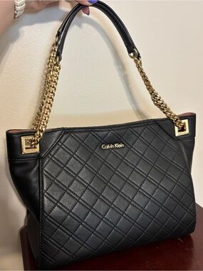 Calvin Klein Black Quilted Shoulder Tote with Gold Chain Straps